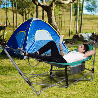 Folding Hammock Indoor Outdoor Hammock with Side Pocket and Iron Stand-Black