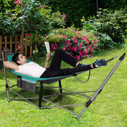 Folding Hammock Indoor Outdoor Hammock with Side Pocket and Iron Stand-Black