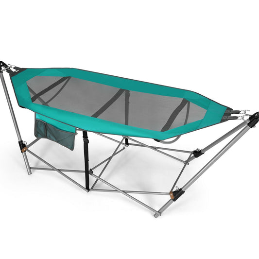 Folding Hammock Indoor Outdoor Hammock with Side Pocket and Iron Stand-Turquoise