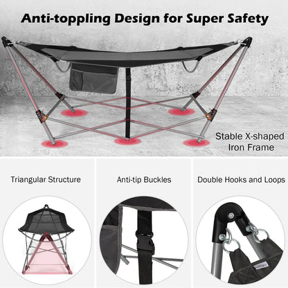 Folding Hammock Indoor Outdoor Hammock with Side Pocket and Iron Stand-Black