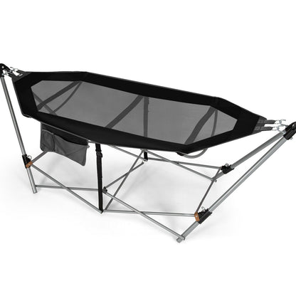 Folding Hammock Indoor Outdoor Hammock with Side Pocket and Iron Stand-Black