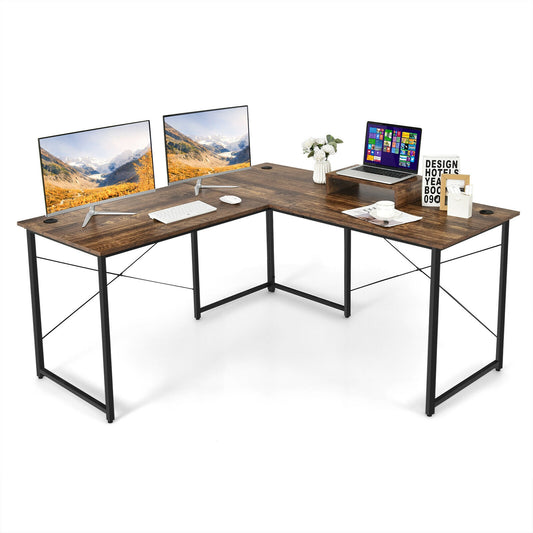 95 Inch 2-Person L-Shaped Long Reversible Computer Desk with Monitor Stand-Rustic Brown