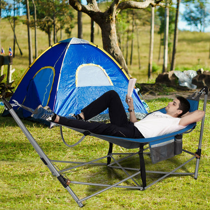 Folding Hammock Indoor Outdoor Hammock with Side Pocket and Iron Stand-Blue