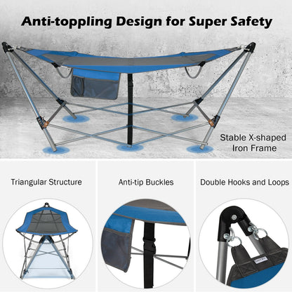 Folding Hammock Indoor Outdoor Hammock with Side Pocket and Iron Stand-Black