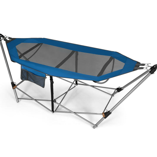 Folding Hammock Indoor Outdoor Hammock with Side Pocket and Iron Stand-Blue