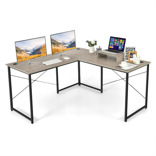 95 Inch 2-Person L-Shaped Long Reversible Computer Desk with Monitor Stand-Gray