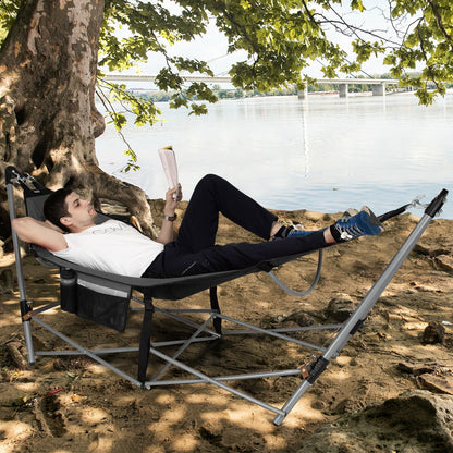 Folding Hammock Indoor Outdoor Hammock with Side Pocket and Iron Stand-Black