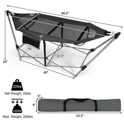 Folding Hammock Indoor Outdoor Hammock with Side Pocket and Iron Stand-Gray