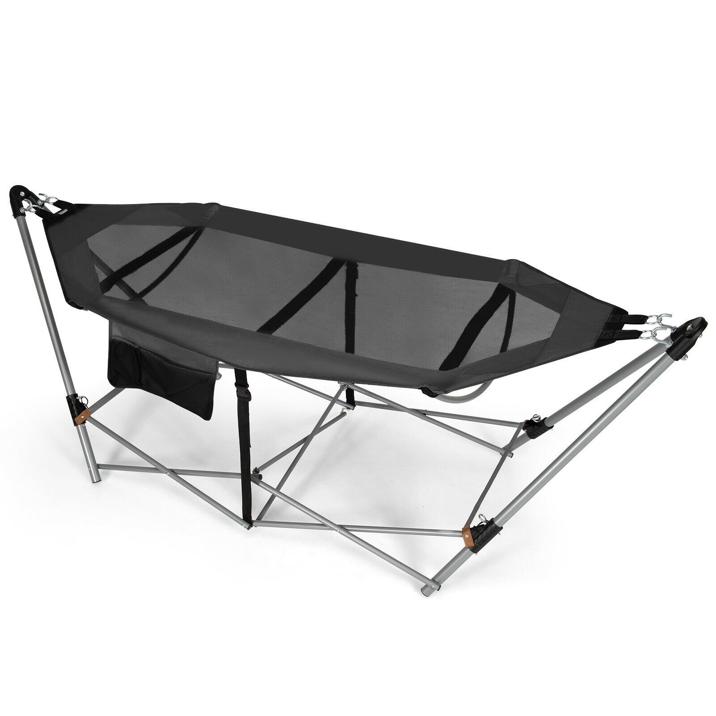 Folding Hammock Indoor Outdoor Hammock with Side Pocket and Iron Stand-Gray