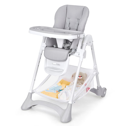 Baby Convertible Folding Adjustable High Chair with Wheel Tray Storage Basket-Gray