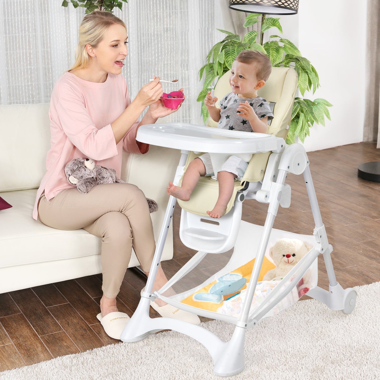 Baby Convertible Folding Adjustable High Chair with Wheel Tray Storage Basket-Beige