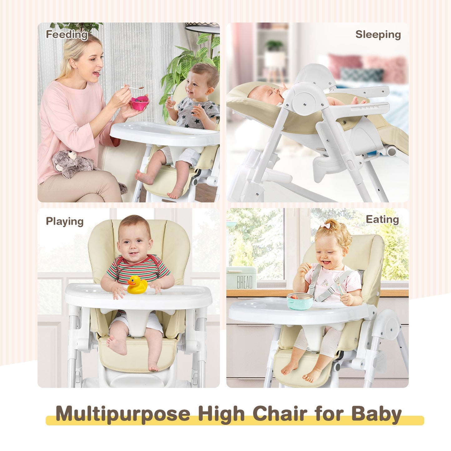 Baby Convertible Folding Adjustable High Chair with Wheel Tray Storage Basket-Beige