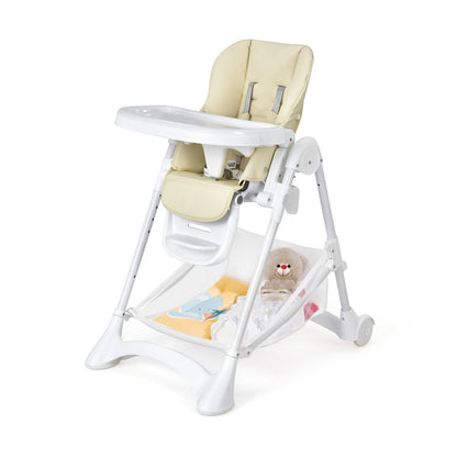 Baby Convertible Folding Adjustable High Chair with Wheel Tray Storage Basket-Beige