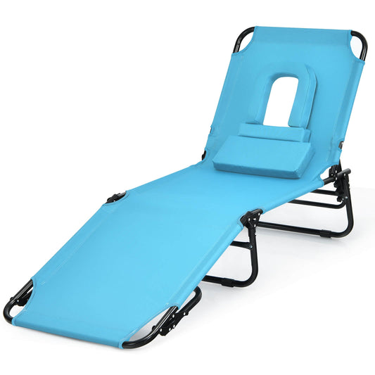 Outdoor Folding Chaise Beach Pool Patio Lounge Chair Bed with Adjustable Back and Hole-Turquoise