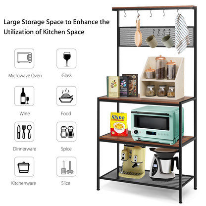 4-Tier Kitchen Rack Stand with Hooks and Mesh Panel