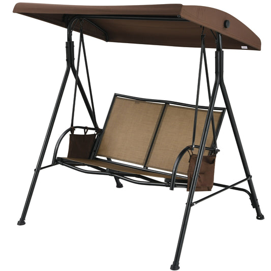 2 Seat Patio Porch Swing with Adjustable Canopy Storage Pockets Brown