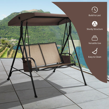 2 Seat Patio Porch Swing with Adjustable Canopy Storage Pockets Brown