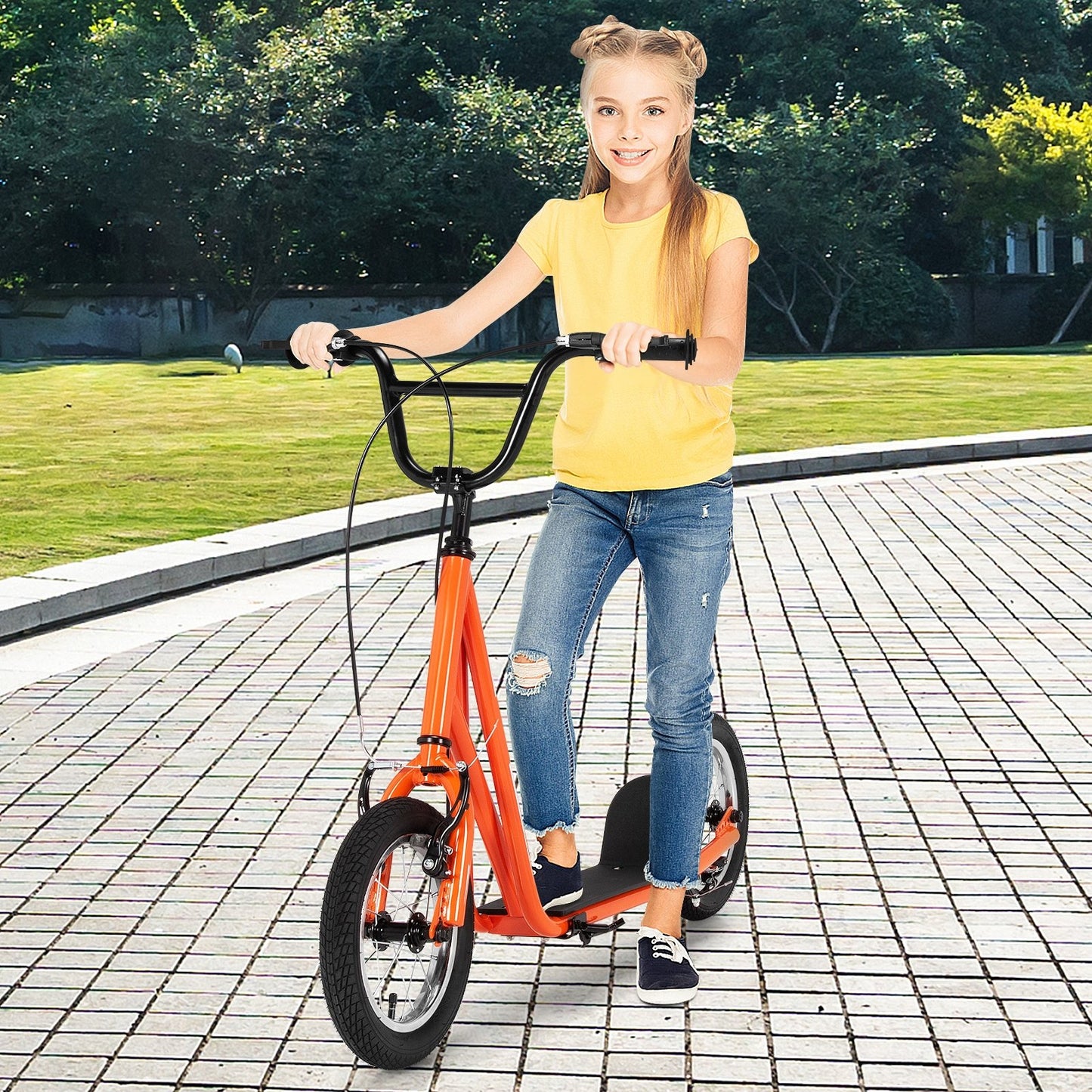 Height Adjustable Kid Kick Scooter with 12 Inch Air Filled Wheel-Navy