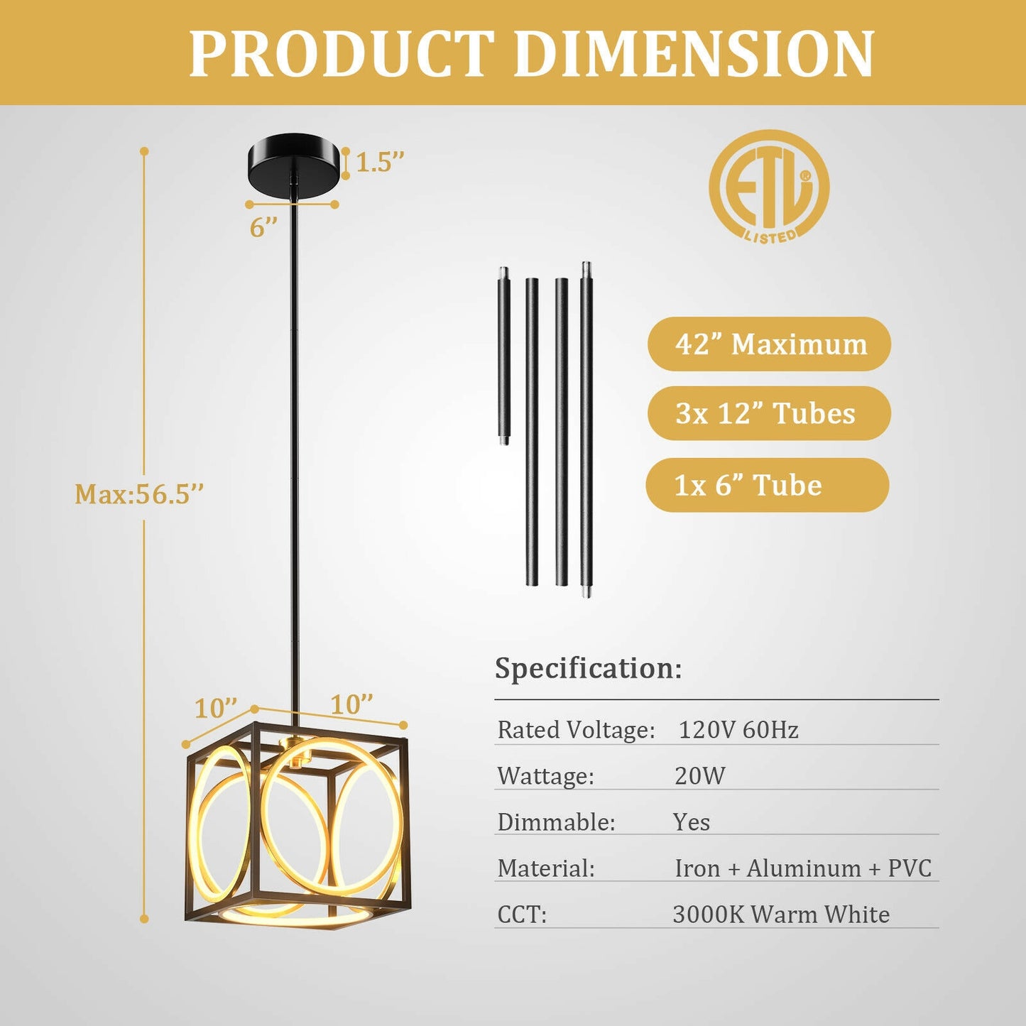 Modern LED Pendant Light with 42 Inches Adjustable Suspender-Black
