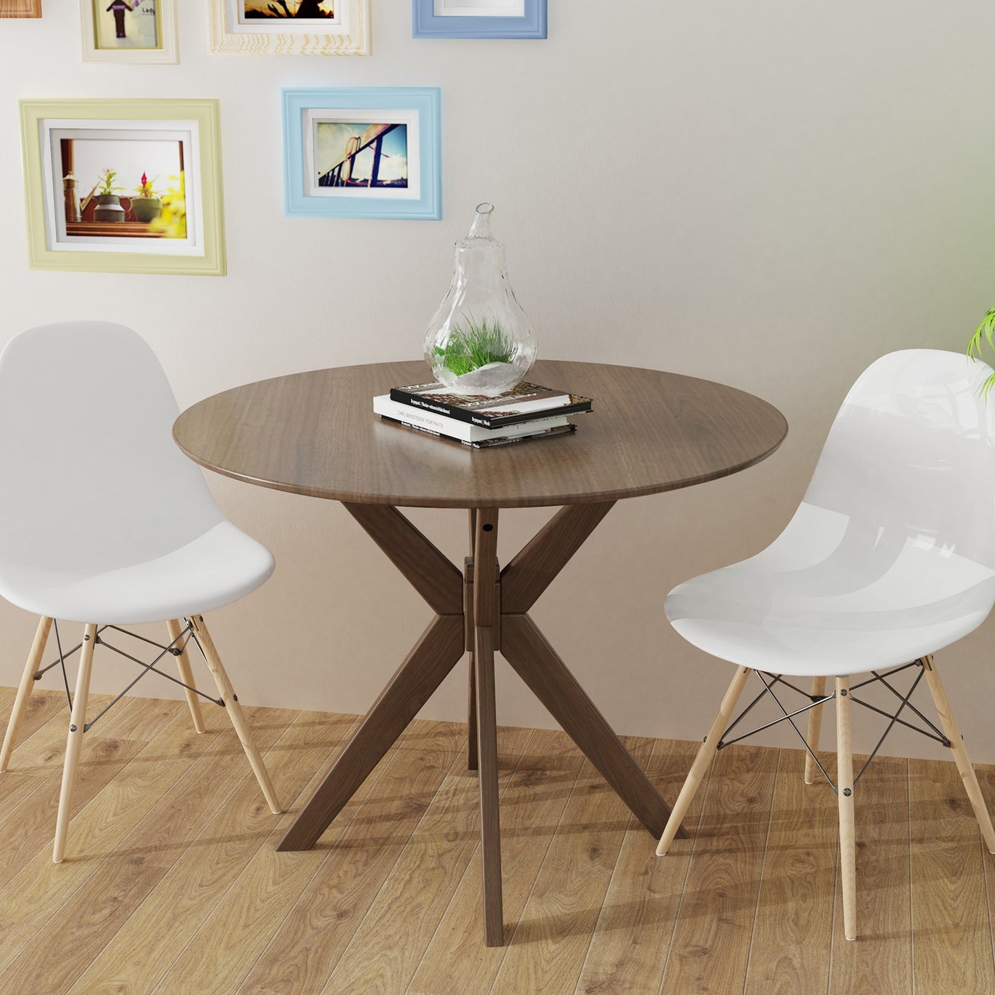 36 Inch Round Wood Dining Table with Intersecting Pedestal Base