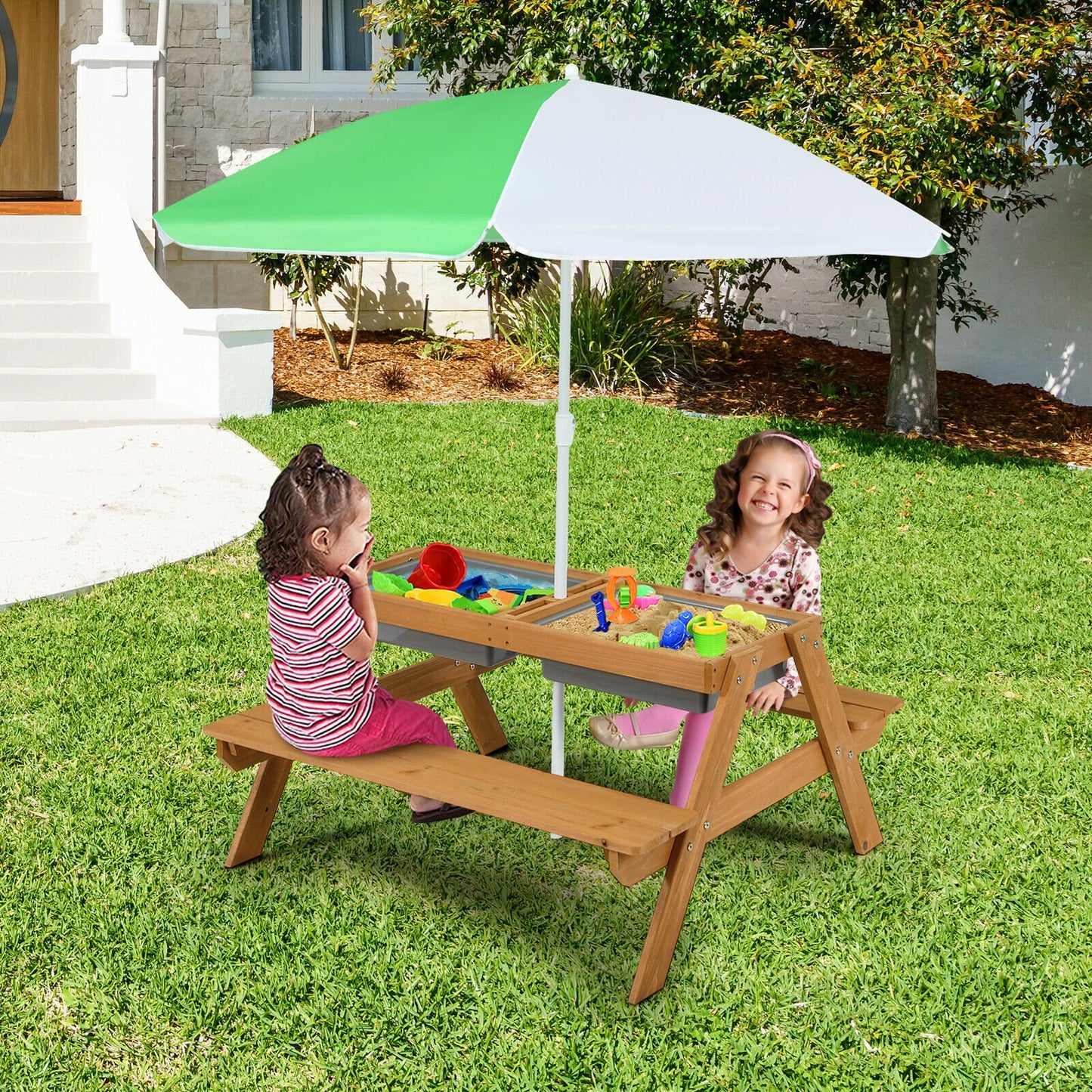 3-in-1 Kids Outdoor Picnic Water Sand Table with Umbrella Play Boxes-Blue