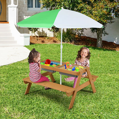 3-in-1 Kids Outdoor Picnic Water Sand Table with Umbrella Play Boxes-Blue