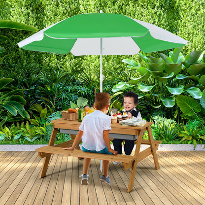 3-in-1 Kids Outdoor Picnic Water Sand Table with Umbrella Play Boxes-Blue