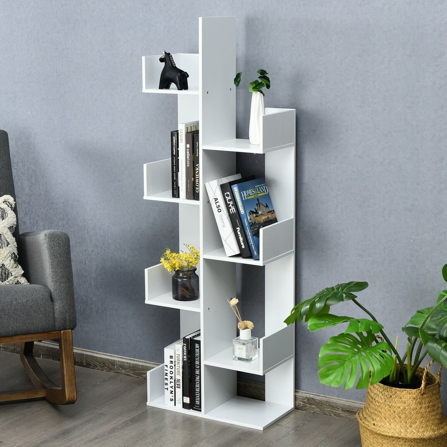 8-Tier Bookshelf Bookcase Space-Saving Storage Rack with 8 Open Compartments-Black