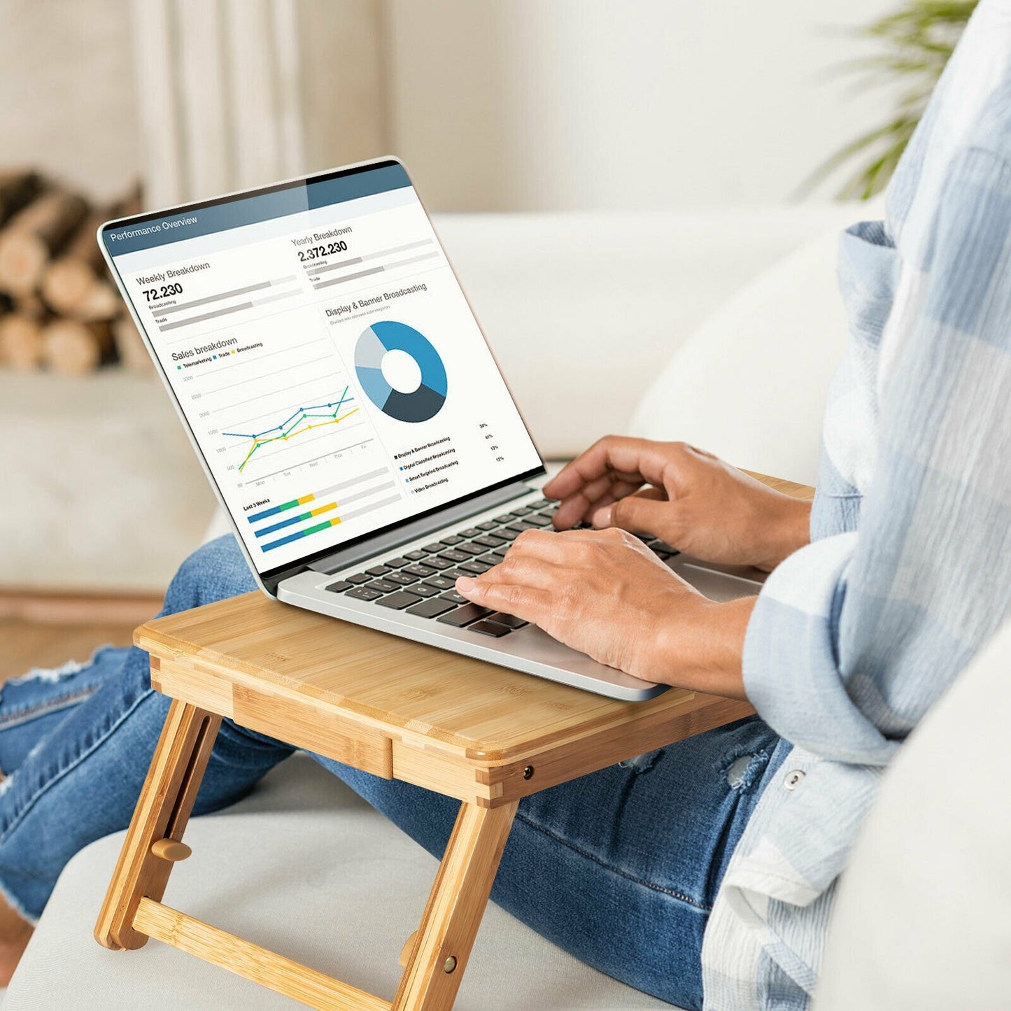 Adjustable Bamboo Laptop Desk with Tilting Top and Drawer-Brown