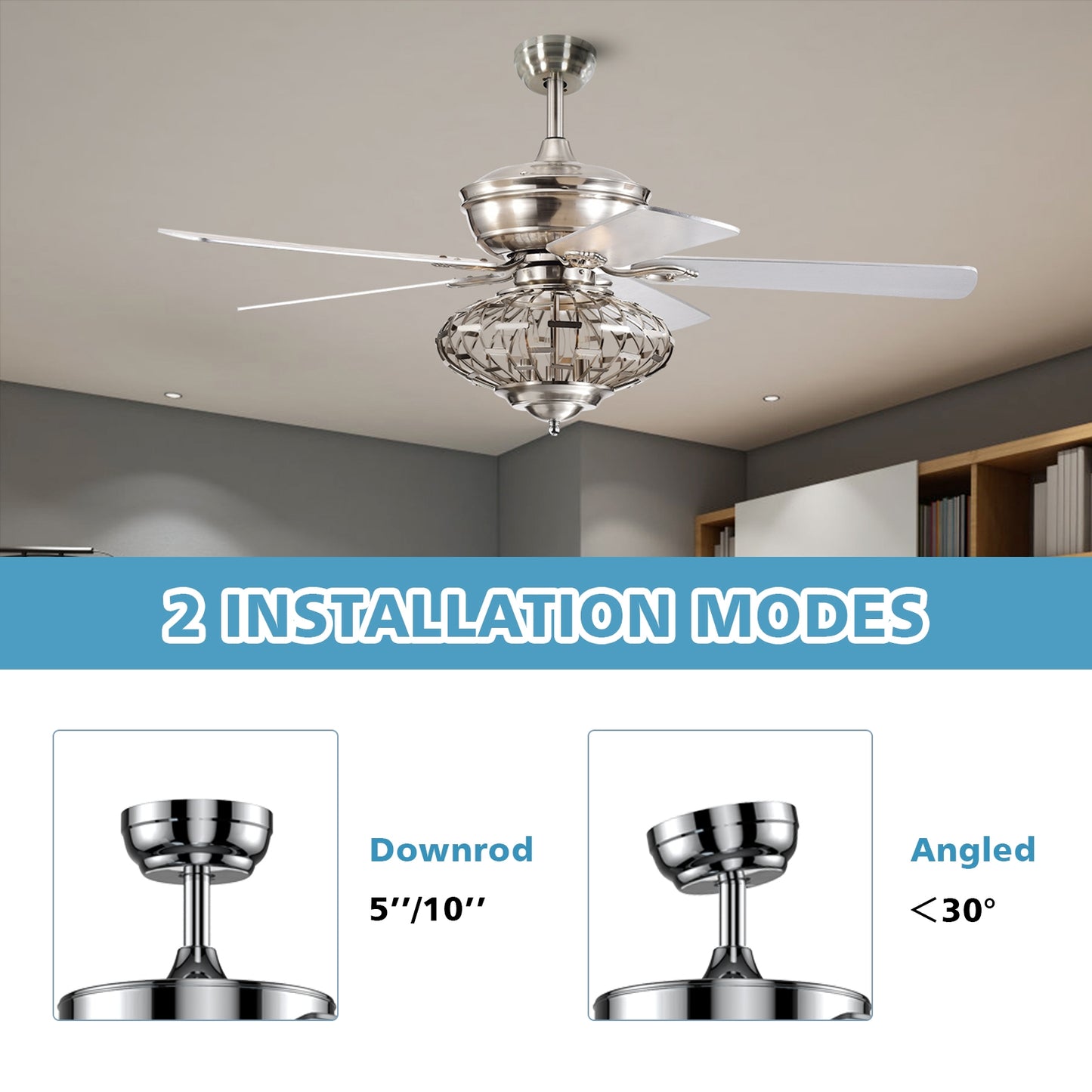 52 Inches Ceiling Fan with Wooden Blades and Remote Control-Silver