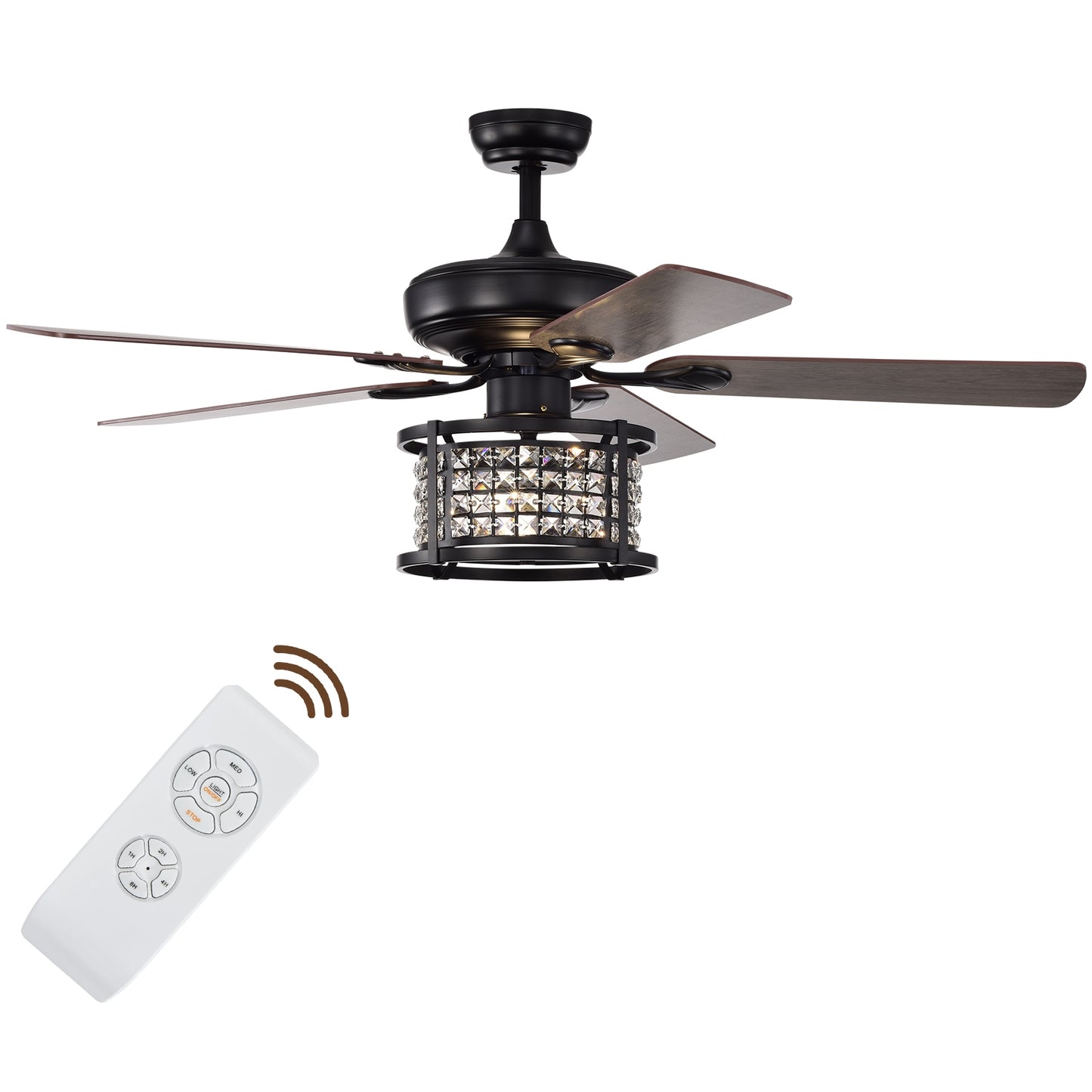 52 Inch 3-Speed Crystal Ceiling Fan Light with Remote Control-Black