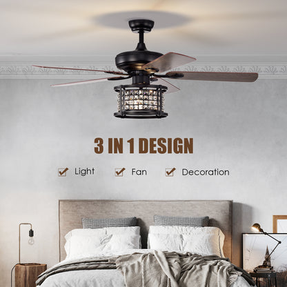 52 Inch 3-Speed Crystal Ceiling Fan Light with Remote Control-Black