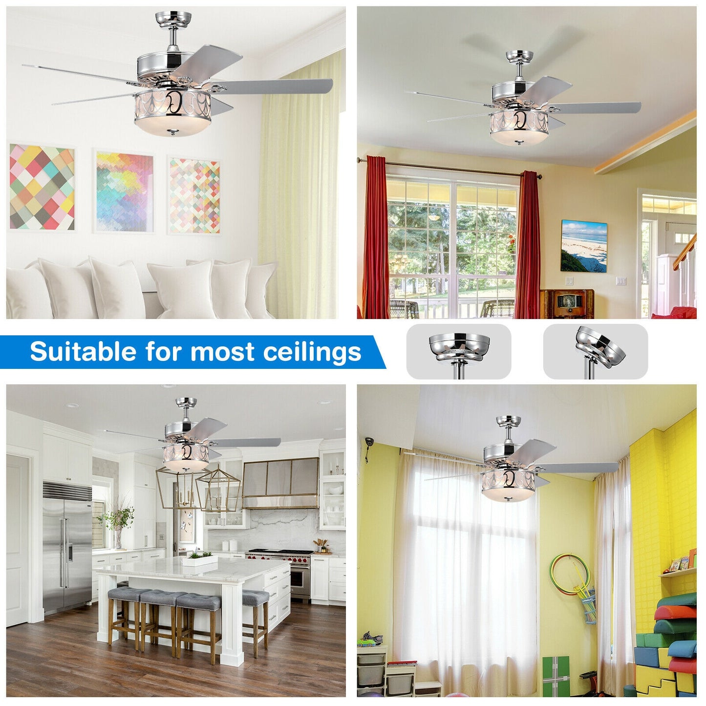 52 Inch Ceiling Fan with Light Reversible Blade and Adjustable Speed-Silver