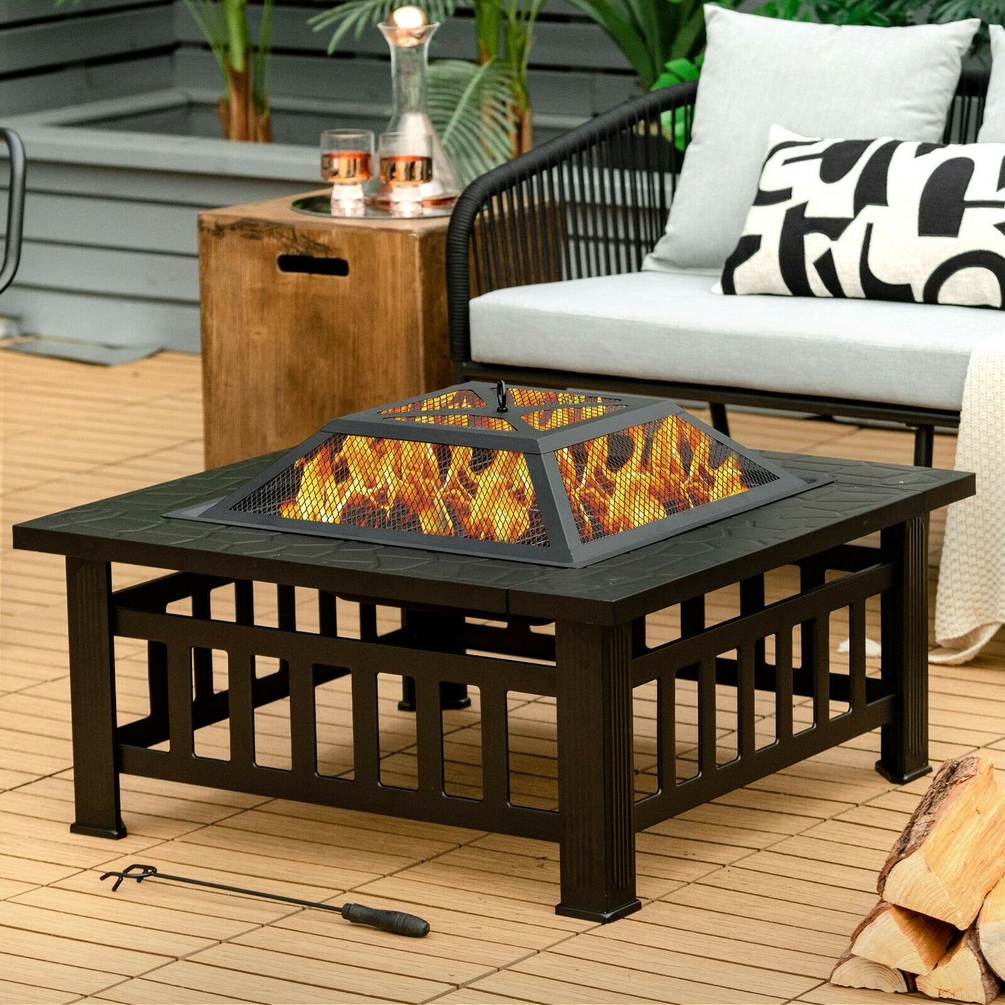 32 Inch 3 in 1 Outdoor Square Fire Pit Table with BBQ Grill and Rain Cover for Camping