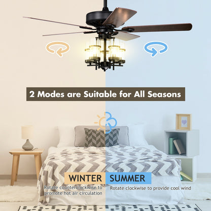 50 Inch Noiseless Ceiling Fan Light with Explosion-proof Glass Lampshades-Black