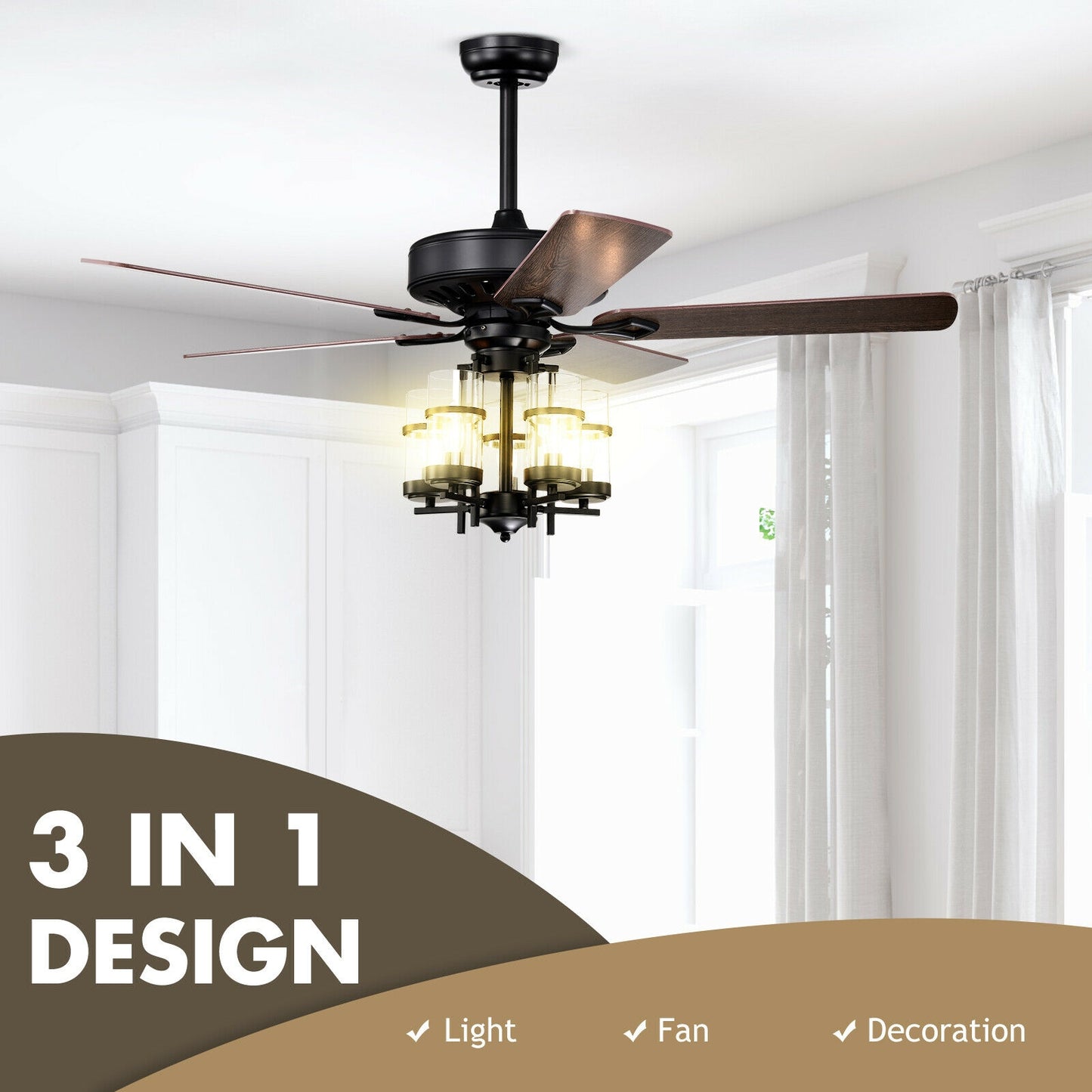 50 Inch Noiseless Ceiling Fan Light with Explosion-proof Glass Lampshades-Black