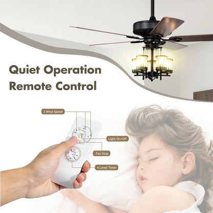 50 Inch Noiseless Ceiling Fan Light with Explosion-proof Glass Lampshades-Black