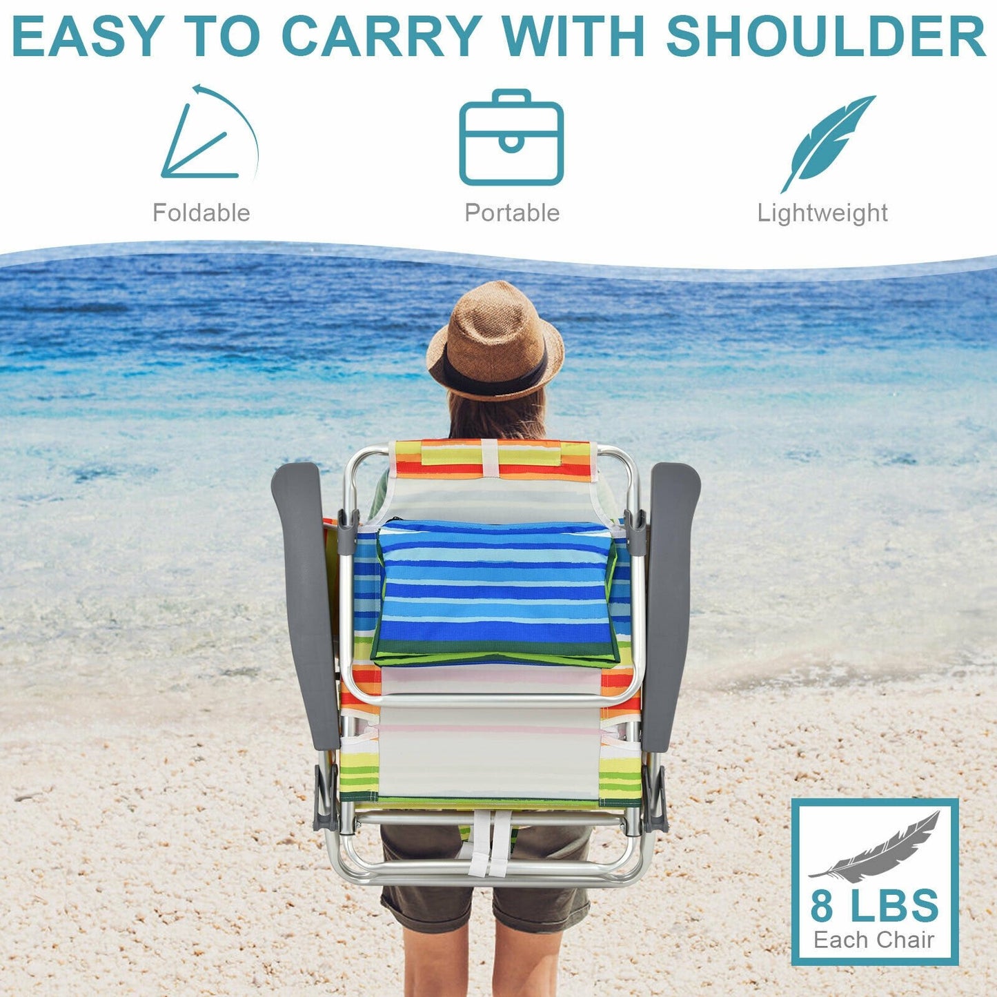 2-Pack Folding Backpack Beach Chair 5-Position Outdoor Reclining Chairs with Pillow-Blue