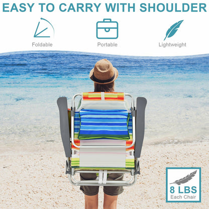 2-Pack Folding Backpack Beach Chair 5-Position Outdoor Reclining Chairs with Pillow-Blue