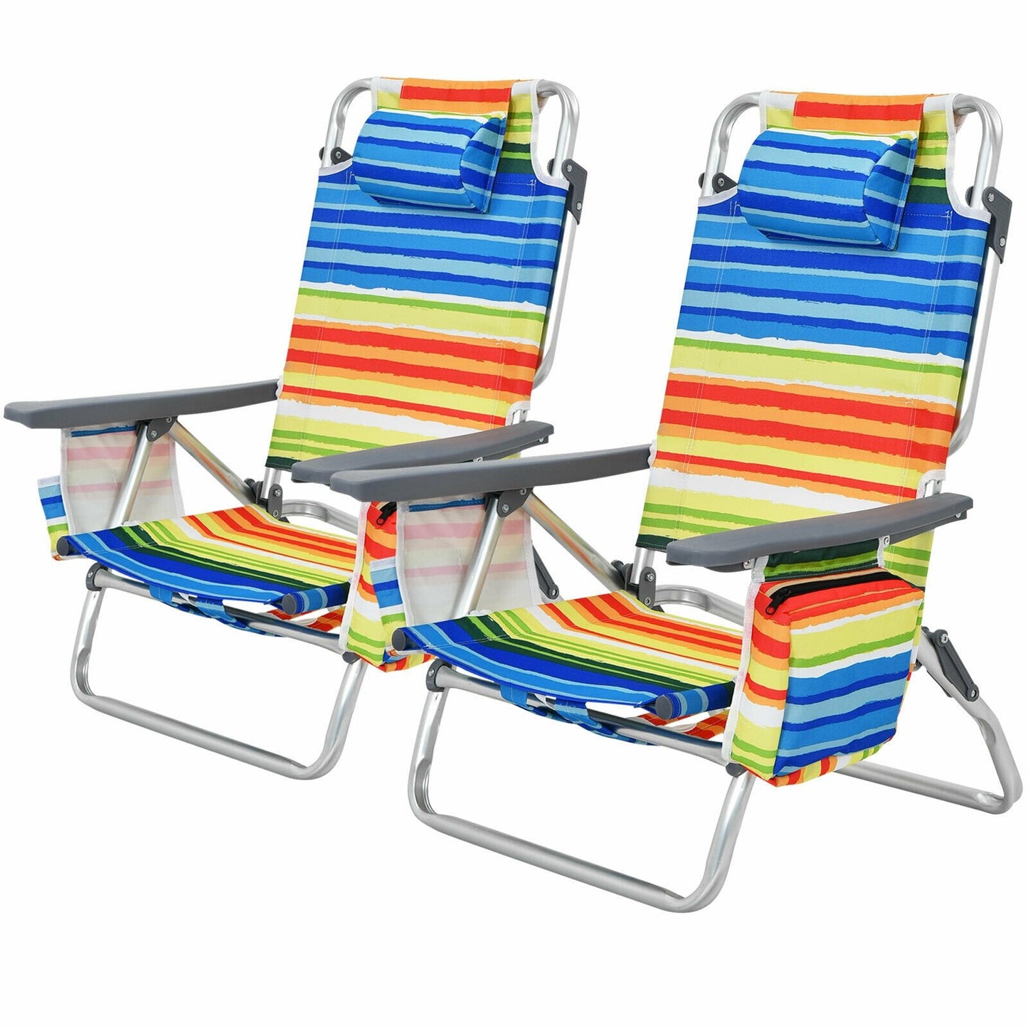 2-Pack Folding Backpack Beach Chair 5-Position Outdoor Reclining Chairs with Pillow-Blue