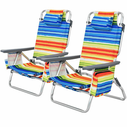 2-Pack Folding Backpack Beach Chair 5-Position Outdoor Reclining Chairs with Pillow-Blue