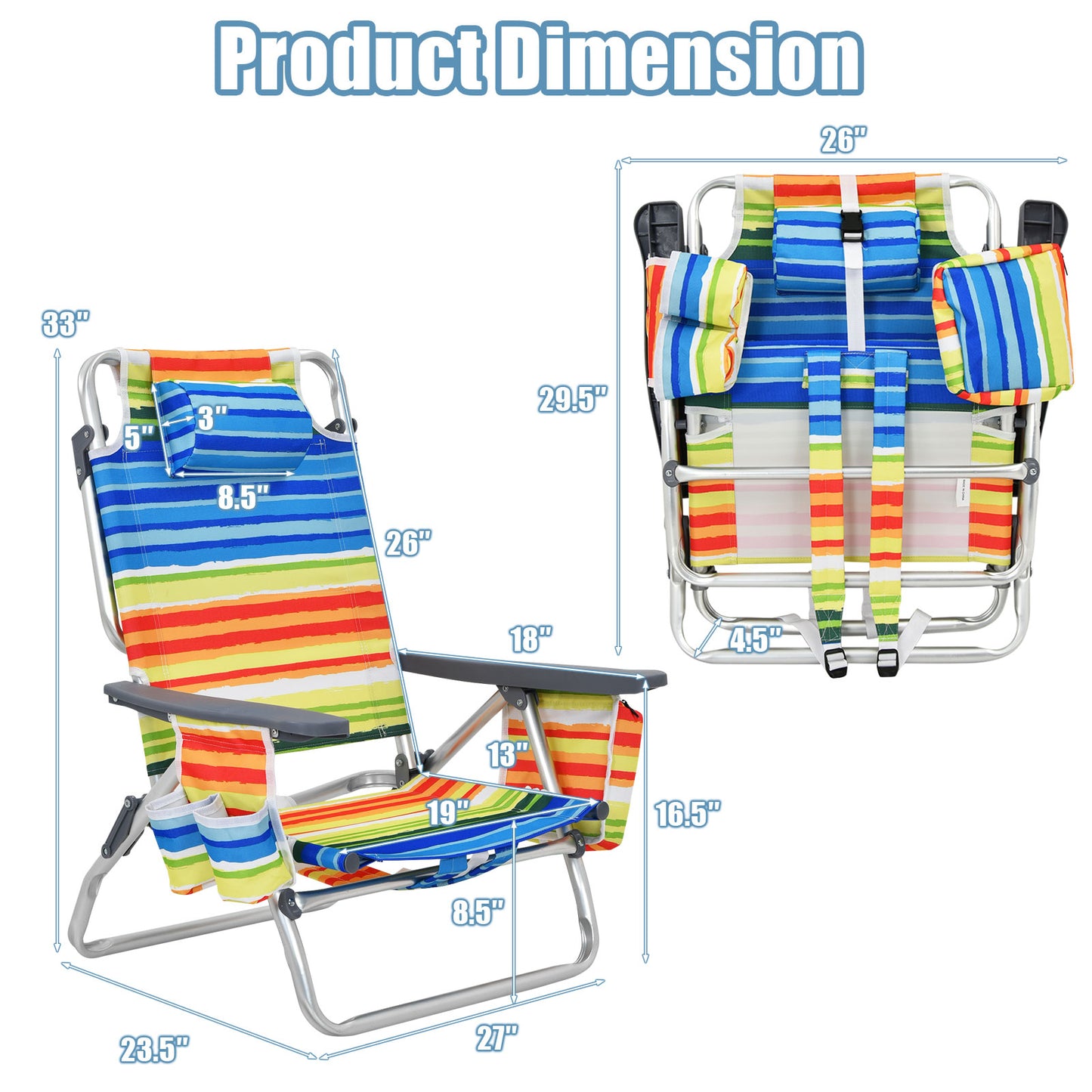 2-Pack Folding Backpack Beach Chair 5-Position Outdoor Reclining Chairs with Pillow-Yellow