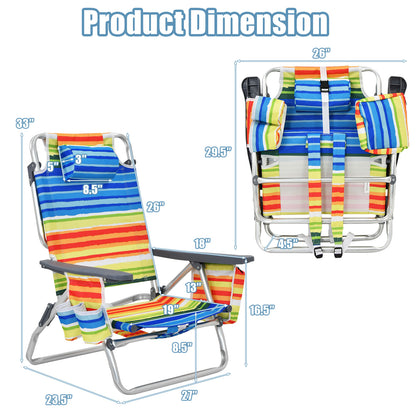 2-Pack Folding Backpack Beach Chair 5-Position Outdoor Reclining Chairs with Pillow-Yellow