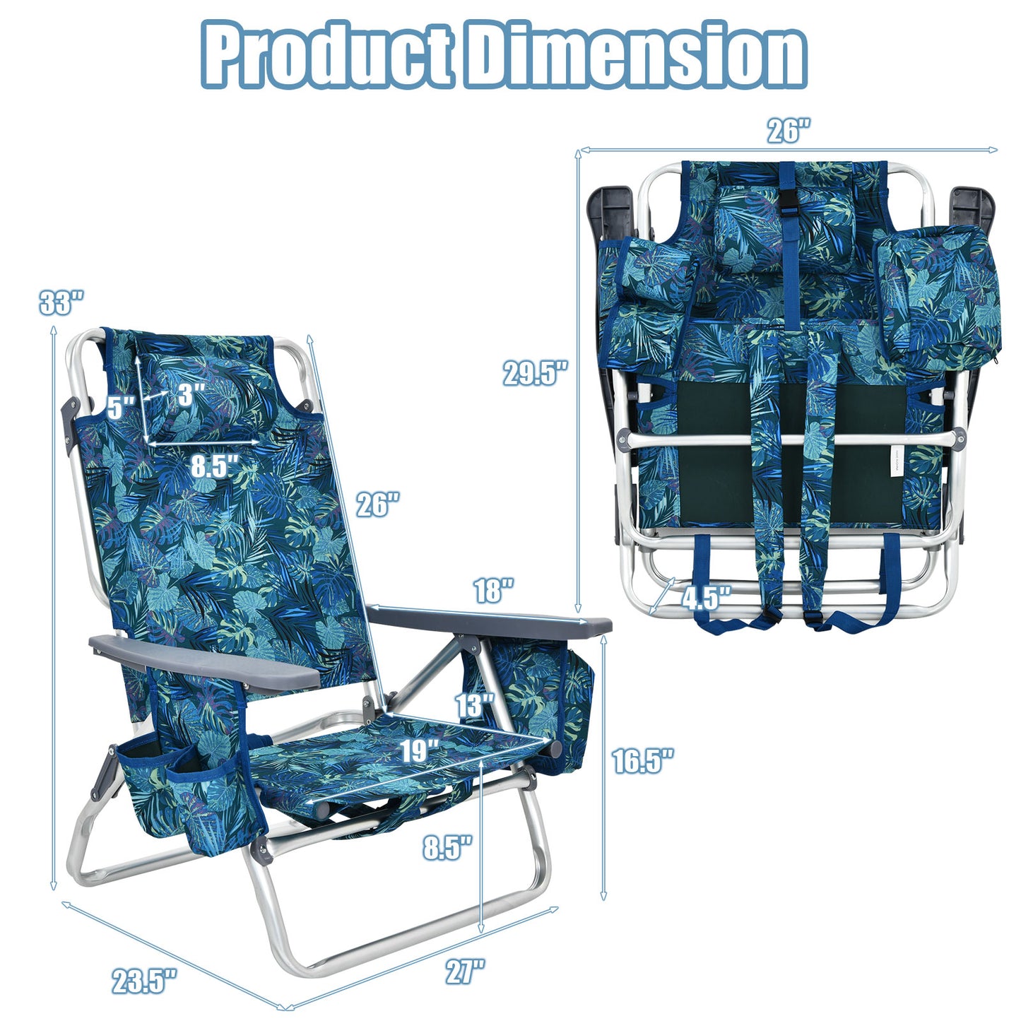 2-Pack Folding Backpack Beach Chair 5-Position Outdoor Reclining Chairs with Pillow-Navy