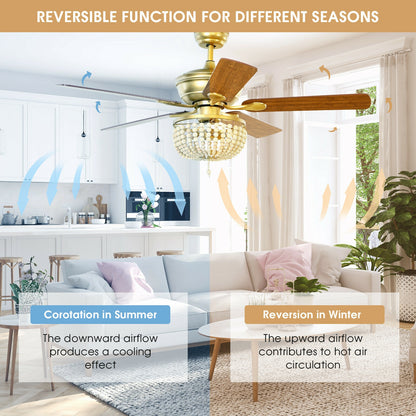 52 Inch Retro Ceiling Fan Light with Reversible Blades Remote Control-Golden