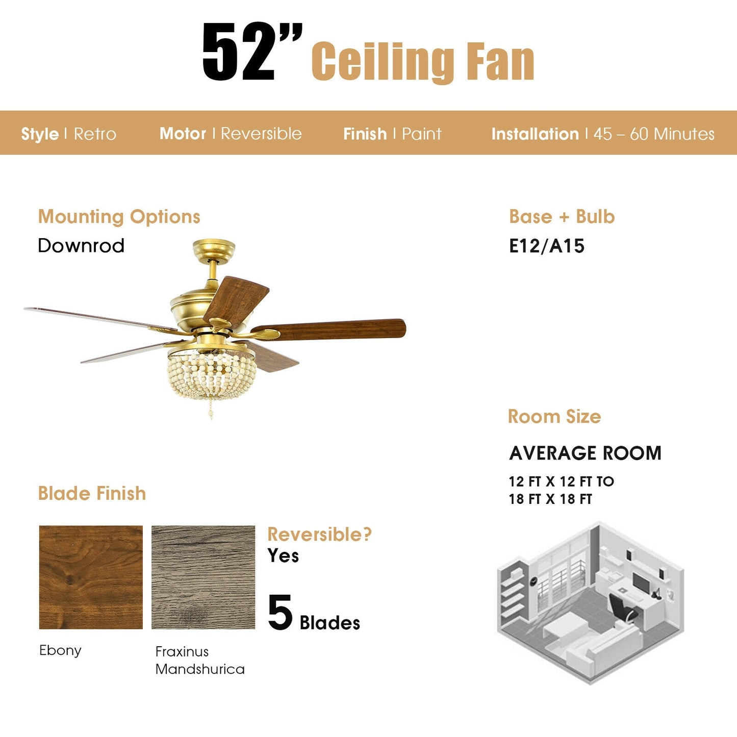 52 Inch Retro Ceiling Fan Light with Reversible Blades Remote Control-Golden