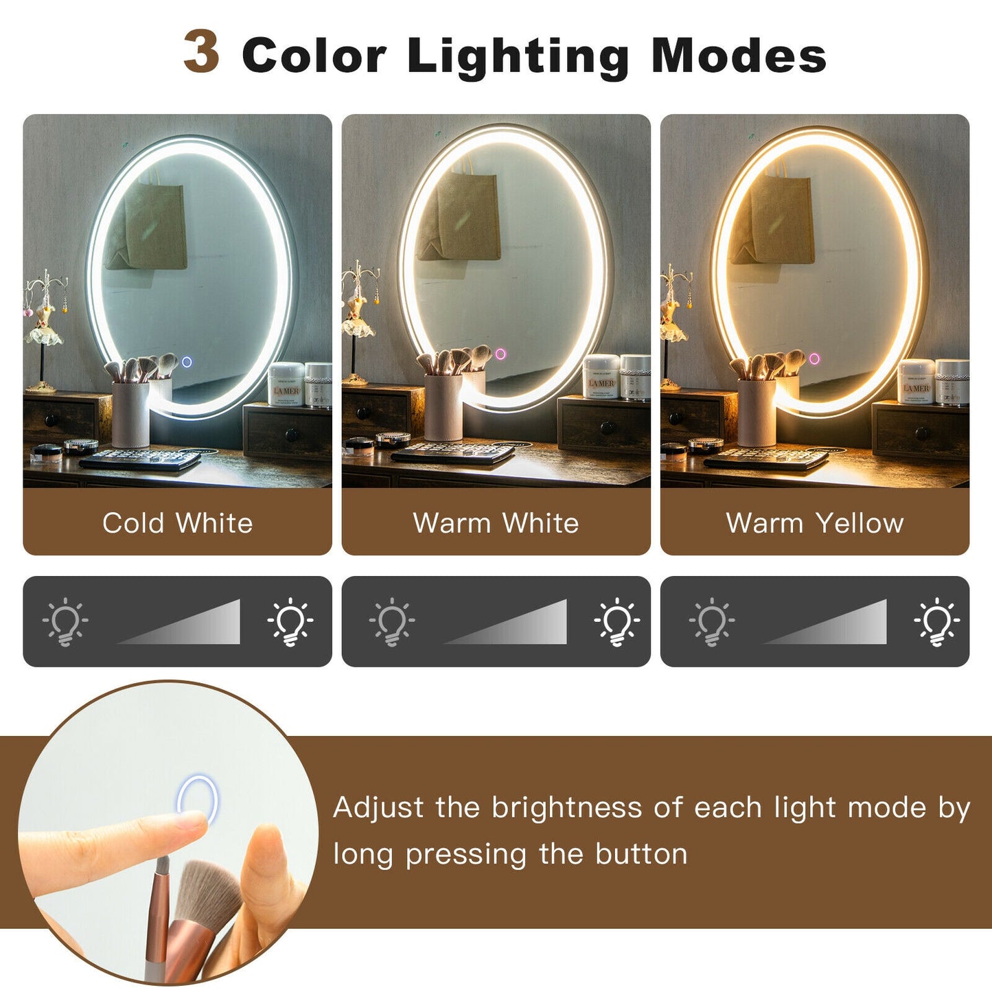 Vanity Table Set with 3-Color Lighted Dimmable Mirror-Brown