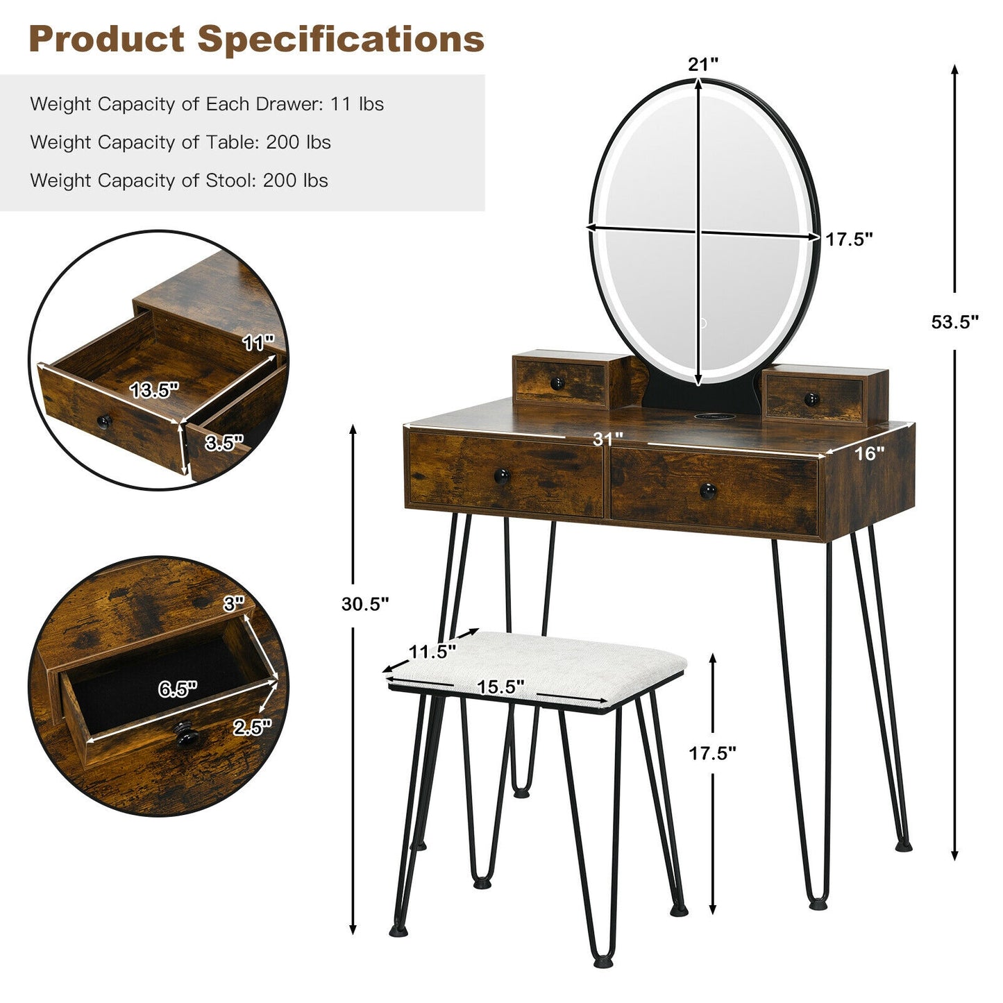 Vanity Table Set with 3-Color Lighted Dimmable Mirror-Brown