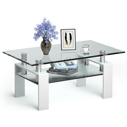Rectangle Glass Coffee Table with Metal Legs for Living Room-Black