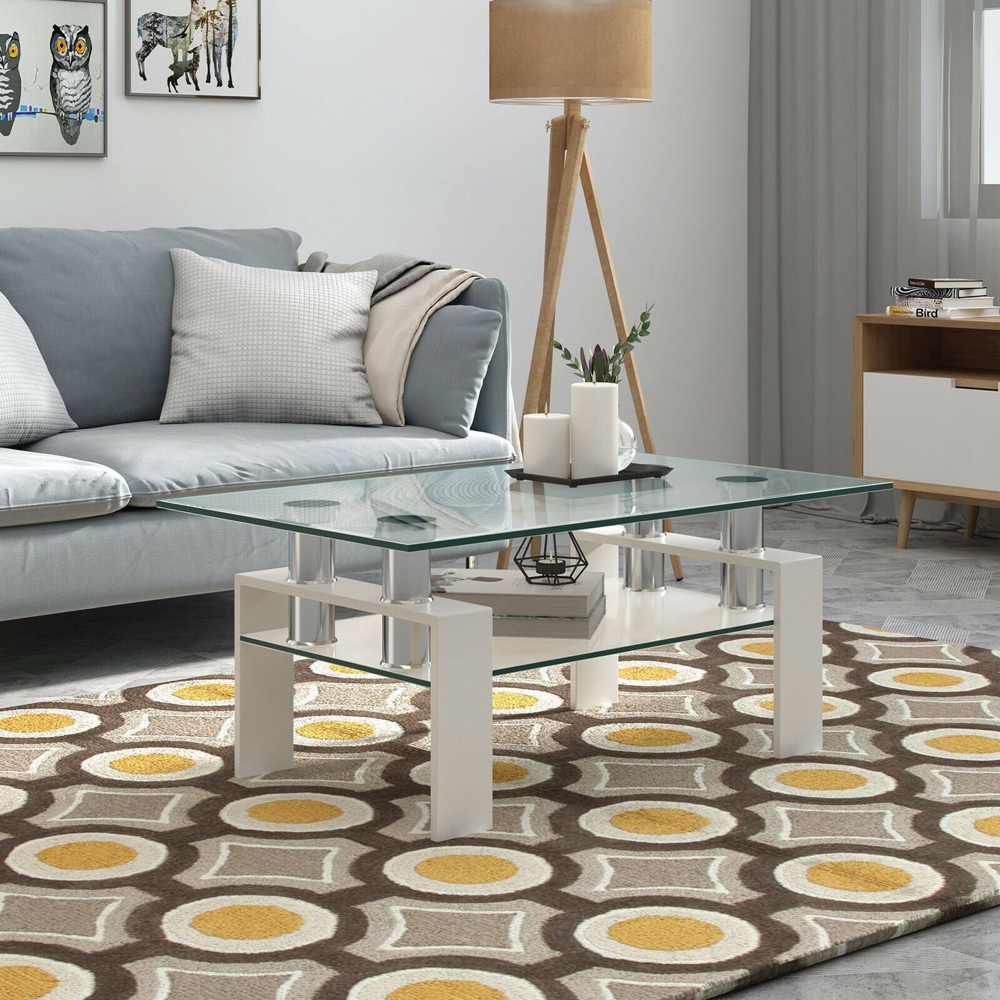 Rectangle Glass Coffee Table with Metal Legs for Living Room-Black